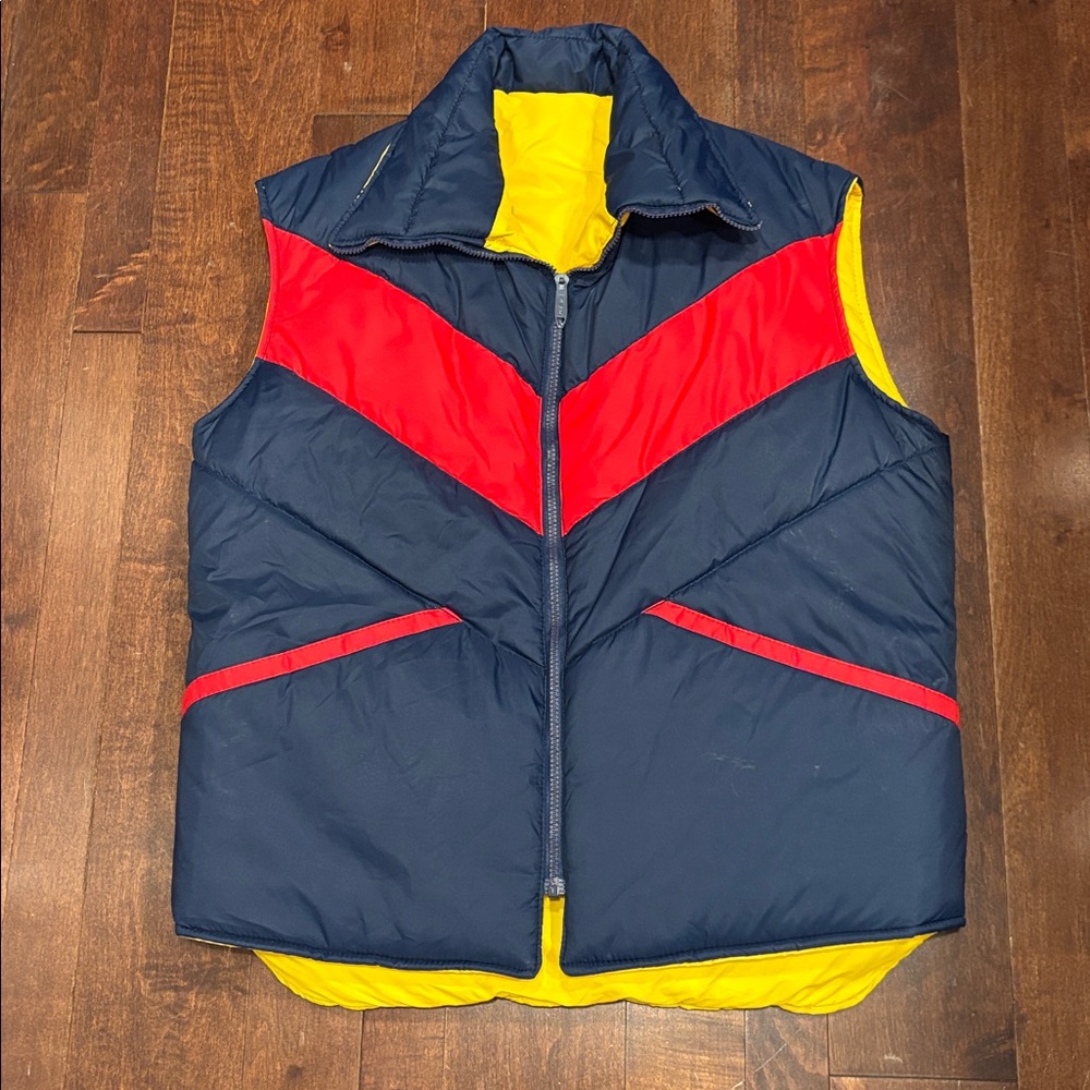 Vintage Retro 70/80’s Puffer Vest Yellow/Red/Blue Striped Reversible JC Penney